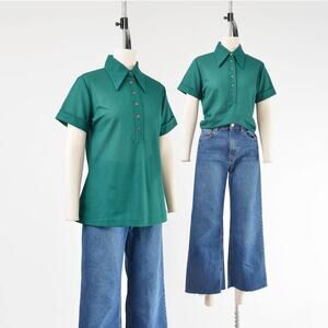 Vintage 70s Forest Green Dagger Collared Knit Polo Shirt size M